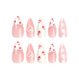 Press On Alcove - Cute Strawberry 3D Love Heart & Pearl Design False Nails: Medium Almond, Artificial Acrylic, Full Coverage, Reusable Coffin, Glue On Nails for Women
