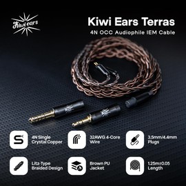 Linsoul Kiwi Ears Terras IEM Cable, 4N Single Crystal Copper 32AWG 4-Core in Ear Monitor Cord, 1.25m Length HiFi Upgrade Wire with Interchangeable 3.5mm/4.4mm Plug for Orchestra Lite Mangird Tea Pro