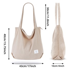 KALIDI Thicken Corduroy Totes Bag Extra Large Capacity Handbags Shoulder Bags with Zipper Cord Tote Bag for Women Ladies Girls Casual Shopping Bag for Work School College Daily Use,Brown
