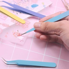 Vitus Precision Color Tweezers for Crafting: Straight & Curved for Nail Art, Decoden, Sticker & Diary Decorating Nano Straight Baby Pink 5ea
