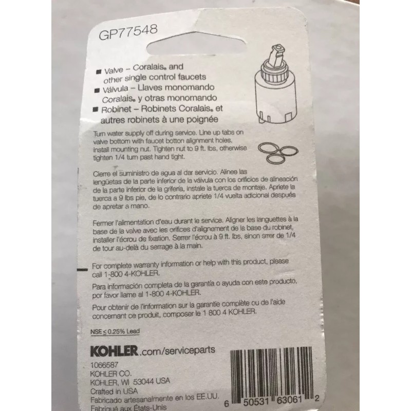 Kohler Coralais Valve Kit ForSingle Control Faucets