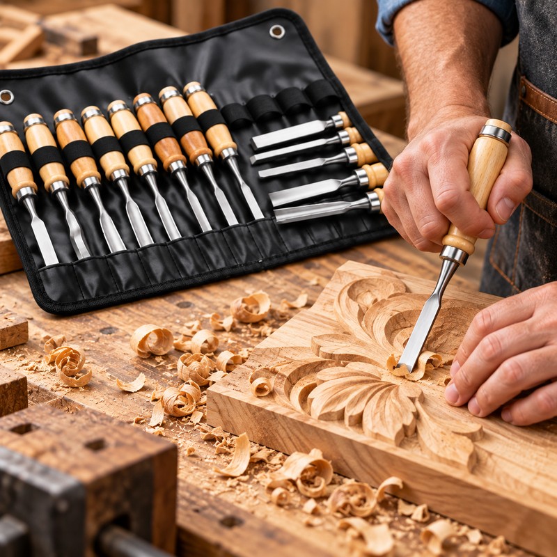 12-Piece Wooden Carving Chisel Set – Full-Size Woodworking Knives and