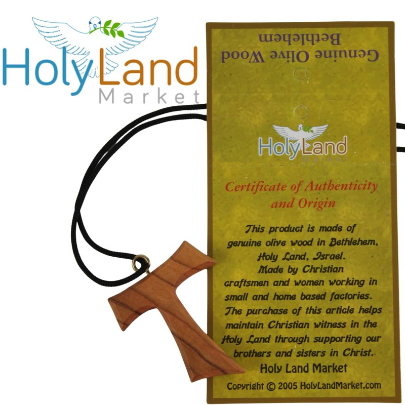 Holy Land Market Hand-Carved Olive Wood Tau Cross Necklace from