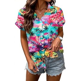 BEBNKGK Hawaiian Shirts for Women Soft Cool Hawaiian Shirt Beach Tropic Print V Neck T-Shirt Vacation Button Up Tops(Colour,L)
