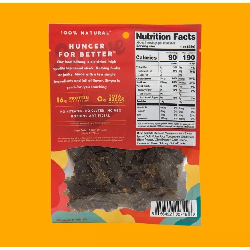 Stryve BILTONG Spicy Peri Peri 100% All Natural Beef W/
