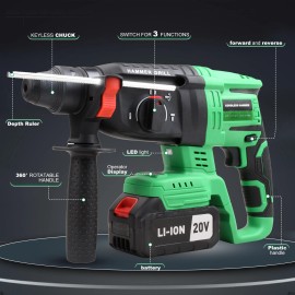 Battery Powered 20V Cordless Rotary Hammer Drill with SDS Plus Bit for DIY Demolition Drilling Local voltage: 20V-2 Battery, bit type: SDS PLUS, power: 850W