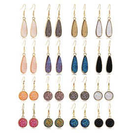 Fashion Opal Earrings for Women 16 Pairs, FIFATA Crystal Hypoallergenic Rainbow Quartz Ear Stud, Boho Moonstone Oval Tear Dangle Earring for Wedding Party Jewelry Gifts (16 Pairs Faux Druzy Earrings)