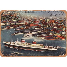 7 x 10 METAL SIGN - Virginia Postcard - S. S. United States and Norfolk skyline, Norfolk, Virginia - Vintage Rusty Look