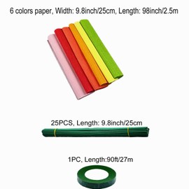 KYMY Crepe Paper with Iron Wires and Tape, 6 Rolls Crepe Paper Rolls Flower DIY Kits with 6 Colors, Crepe Paper Streamer for Birthday Wedding Holiday DIY Flower Wrapping Paper Crafts Making