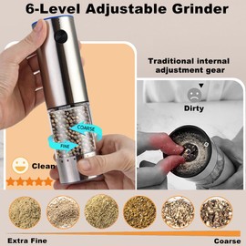 SYTRANREIN Rechargeable Electric Salt and Pepper Grinder Set, Premium Stainless Steel Automatic Pepper Salt Mill Grinder Set with LED Light,3.2 Oz Larger Capacity, 6 Adjustable Coarseness
