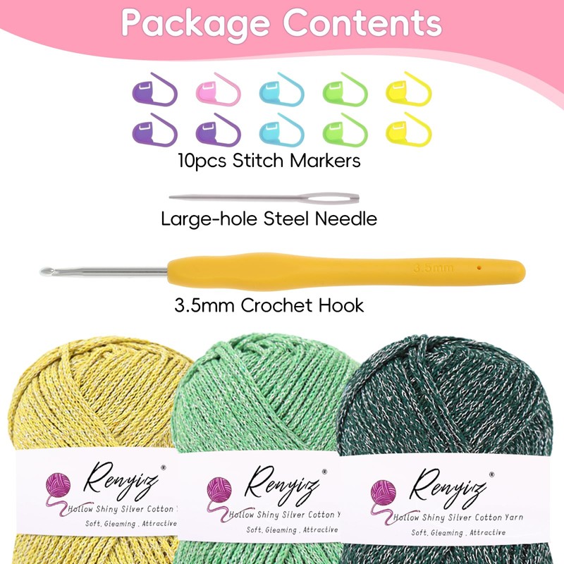 Crochet Yarn for Beginners – 3x50g Hollow Shiny Silver Cotton