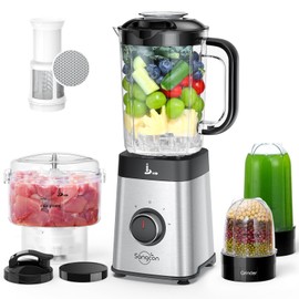 Sangcon Blenders and Food Processor Combo for Kitchen, 5 in 1 blender for shakes and smoothies, Meat Chopped, Grinding & more, 40 oz Jar & 17oz Cup with To-Go Lid, Stainless Steel Silver