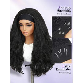 FANCEE FANCEE Yaki Wavy Headband Wigs Black Kinky Straight Wear and Go Wig with Curly Wavy Ends for Mom on the Go Synthetic Headband Blow Out Style Natural Hair Wig for Black Women