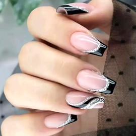 YAOBFFCAS Women's Sparkle French Coffin Press on Nails, Unique Striped Square Fake Nails, Glitter Glue on False Nails, Gel Press on Nails Medium for Wedding and Party - Black & Pink