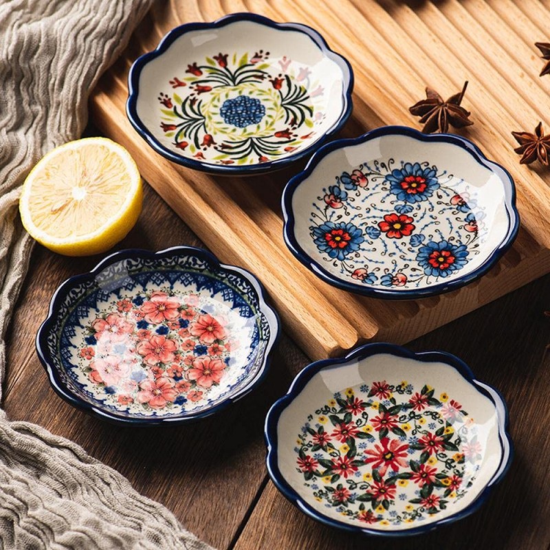 Sizikato 4pcs Porcelain Appetizer Plate, 4-Inch Snack Plate Sauce Dipping