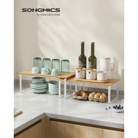 SONGMICS Cabinet Organizer Shelf, Set of 2 Kitchen Counter Shelves, Kitchen Storage, Spice Rack, Stackable, Expandable, Metal and Engineered Wood, Cloud White and Natural Beige UKCS200W01