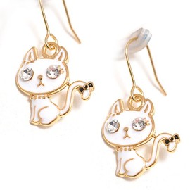 Gold Plated Cute Little White Lazy Pusssycat with Bright Eye Earrings in Gift Box