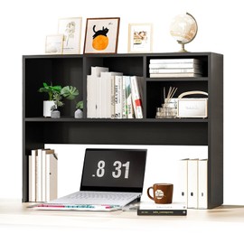 Desktop Hutch Shelf, Countertop Storage Bookshelf with 4 Cubes for Computer Desk, Desktop Display Rack, Multipurpose Wood Desktop Hutch Organizer for Dorm Office Home, 37 * 10 * 29 INCH (Black)