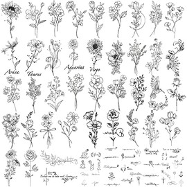 Waterproof Temporary Tattoo - 90 Sheets Realistic Fake Tattoos, 52 sheets Inspirational Words Tattoo stickers, 38sheets Wild Flower Floral Rose Sunflower Bouquet Body Stickers for Adult Women Men Kids