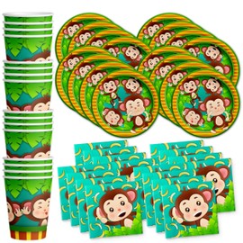 Monkey Birthday Party Supplies - Jungle Animal Party Supplies - Zoo Animal Party Supplies | Tableware Set Includes Plates, Napkins and Cups | Kit for 16