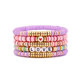 Joya Love Purple Lover Outfit Friendship Bracelets Stack Stackable Layered Heishi Surfer Clay Beaded Stretch Bracelets Accessories For Women Jewelry Set Gift
