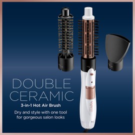 Conair Double Ceramic 3-in-1 Hot Air Brush, 1000W, Interchangeable 1¼" Thermal & ¾” Boar Bristle Attachments for Voluminous Curls & Straight Styles, Hot Air Brush for Fine & Thick Hair