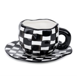 Noviko Checkered Mug Ceramic Checker Tea Cup and Saucer Set 10 oz