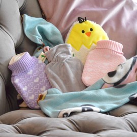 Hugo Frosch Mini Hot Water Bottle 0.2 Litre with Knitted Cover Purple Hearts