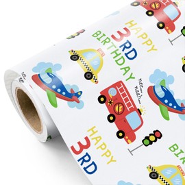 WRAPAHOLIC Transport 3rd Birthday Wrapping Paper - Mini Roll - 17 Inch x 16.5 Feet - Vehicles Cars Wrapping Paper for Kid Boys Birthday, Baby Shower