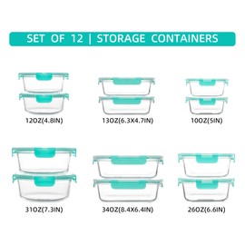 FAWLES 12 Pack Glass Storage Containers with Lids, Leak-Proof Meal Prep Containers, Dishwasher/Microwave/Oven/Freezer Safe Glass Food Storage Containers for Leftovers, to Go
