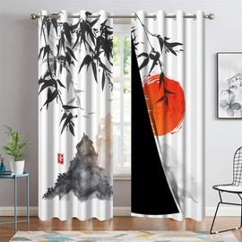 Japanese Curtains Ink Painting Mt. Fuji Red Sun Sunset Bamboo Leaves Window Drapes for Bedroom Living Room Asian Japanese Style Kitchen Curtains Treatment Sets Decor,53x84 inch,2 Panels