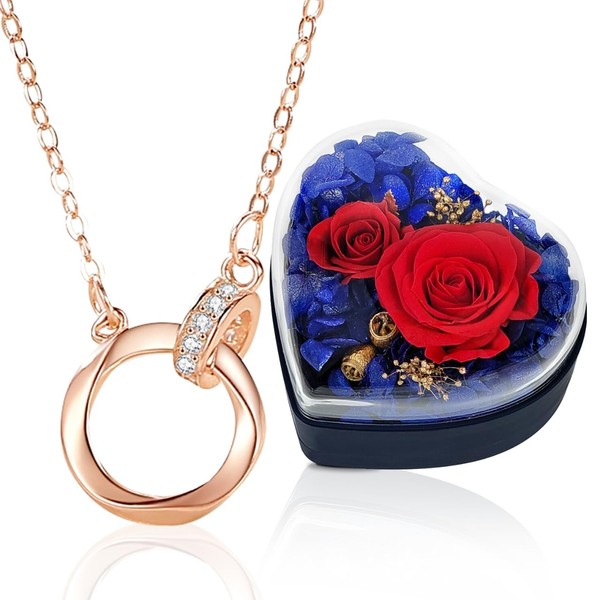 Preserved Flower Jewelry Box Necklace, Women's, Non-Withering Flowers, Top Grade Cubic Zirconia, Pendant, Double Ring, 2 in 1, Anniversary, Birthday, Gift, Girlfriend, Wife, Wedding Gift, Mother,