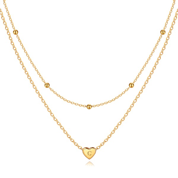 Dainty Layered Initial C Necklaces for Women, 14K Gold Plated
