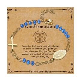 Oidea Virgin Mary Cross Rosary Bracelet: Gold Catholic Beaded Bracelets for Women Virgin of Guadalupe Adjustable Link Chain Bracelet Confirmation Jewelry Gifts, Blue Beads