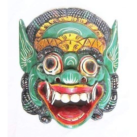 Double Duck Green Wooden Monkey Mask Of Barong, Hand- Carved In Bali, Wall Mask, New