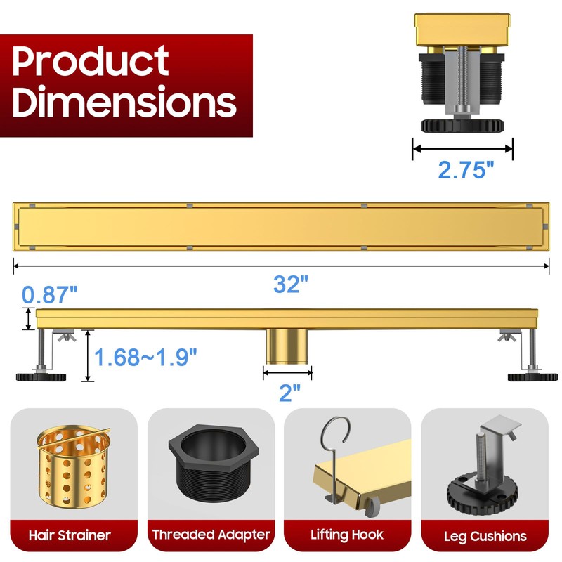DLONE Linear Shower Drain | 32" AISI 304 Stainless Steel