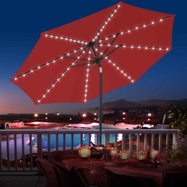 Sundale Outdoor Solar 80 LED 9 ft Patio Umbrella with Sand Bag Umbrella Base, Outdoor Umbrella with Tilt and Crank, Red