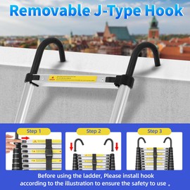 DEZEX Telescoping Ladder,12.5 FT Aluminum Lightweight Extension Ladder with 2 Triangle Stabilizers and 2 Detachable Hooks,Heavy Duty 330 lbs Max Capacity,Ideal for Home, RV, and Outdoor