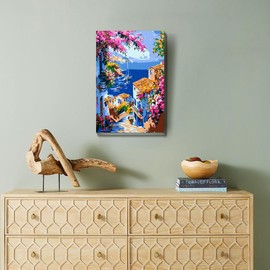 Framed with Easel Paint by Numbers Kit for Adults Beginners, Seaside Town Easy Acrylic Watercolors Oil Number Painting Art on Streched Canvas with Easel for Home Wall Decor and Gift 7.8x11.8inch