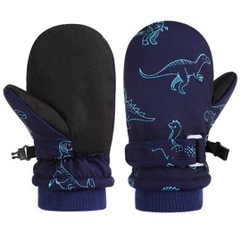 QKURT Ski Gloves for Children, Waterproof Snow Gloves, Windproof and Non-Slip Mittens, Warm Mittens for Boys and Girls Aged 2-8 Years, indigo dinosaur