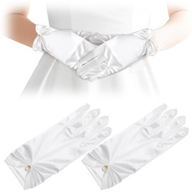 Yuomeaz 1 Pair of Bridal Gloves White Pearls Short Satin Gloves Women Silk Gloves Bow for Wedding Banquet Dresses Party Dances Wedding Opera Dinner, White