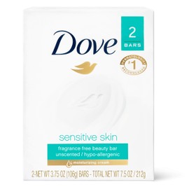 Dove Beauty Bar More Moisturizing Than Bar Soap for Softer Skin, Fragrance Free, Hypoallergenic Sensitive Skin With Gentle Cleanser 3.75 oz, 2 Bars