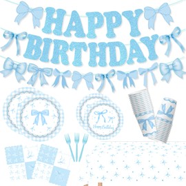 Blue Bow Party Decorations 104Pcs Girl Coquette Birthday Party Supplies Disposable Plates,Napkins,Tablecloth,Cups and Birthday Banner Balloons for Bow Party Decorations,Serve 20