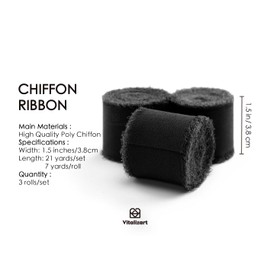 Vitalizart - Juego de 3 rollos de cinta de seda de gasa hecha a mano de 1.5 pulgadas x 7 yardas, cintas negras para invitaciones de boda, ramos de novia, envoltura de regalos, manualidades