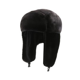AWOCAN Winter Unisex Faux Fur Bucket Hat Soft Warm Autumn Winter Fluffy Flight Hat with Ear Flaps for Ice Skating and Outdoor Activities, black