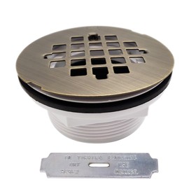 Westbrass D206P-06 2" No-Caulk PVC Compression Shower Drain with 4-1/4" Round Grid Cover, Antique Brass