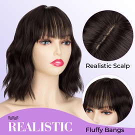 Sleekcute Bob Wig with Bangs 14 Inch Dark Brown Short Wavy Color Wigs for Women Synthetic Heat Resistant Bob Wigs For Women Daily Party Use(14 Inch Dark Brown)