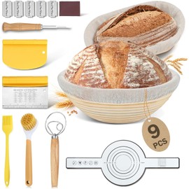 BEWOS Sourdough Bread Banneton Proofing Basket Set of 9-25cm Oval & 23cm Round Bread Rising Basket with Liner, Natural Rattan & Non-Stick, Includes Dough Scraper & Brush