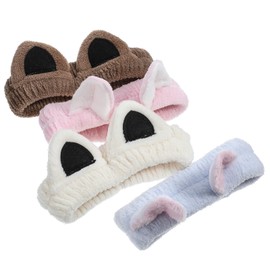 Gsbnjuy 4Pcs Cat Ears Headband Cute Spa Headbands Make Up Plush Cat Hair band Animal Ears Shower Headware Soft Coral Fleece Hair Accessories for Washing Face Skincare Makeup Cosplay Costume