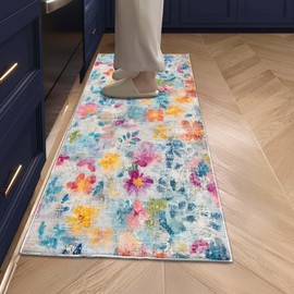 Fowocu Kitchen Mats for Floor Abstract Kitchen Rugs Non Slip Washable Boho Watercolor Floral Blue Orange 2x4 Carpet Area Rug Runners for Hallways Entryway Laundry Sink Bedroom Office